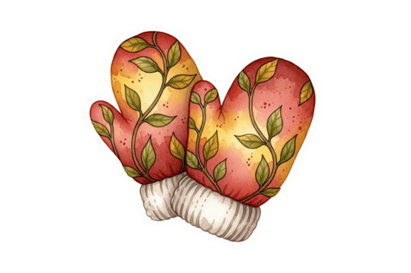 Download Watercolor Oven Mitts with Leaf Design - Oven mitts Collection